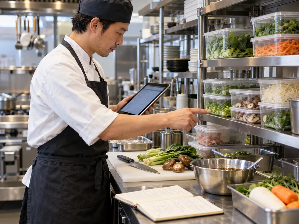 食材と仕込みの状況をタブレットで確認（AI生成の利用イメージ）