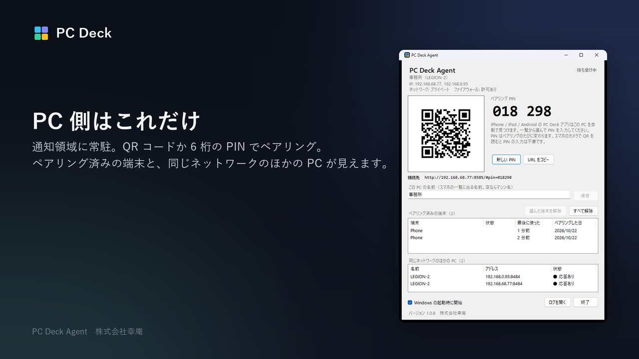Windows 版 PC Deck Agent のペアリングの画面。QR コードと 6 桁の PIN、ペアリング済みの端末の一覧