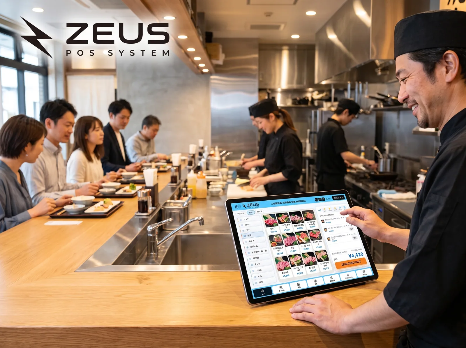 飲食店のカウンターでレジを操作する料理人（AI生成の利用イメージ）