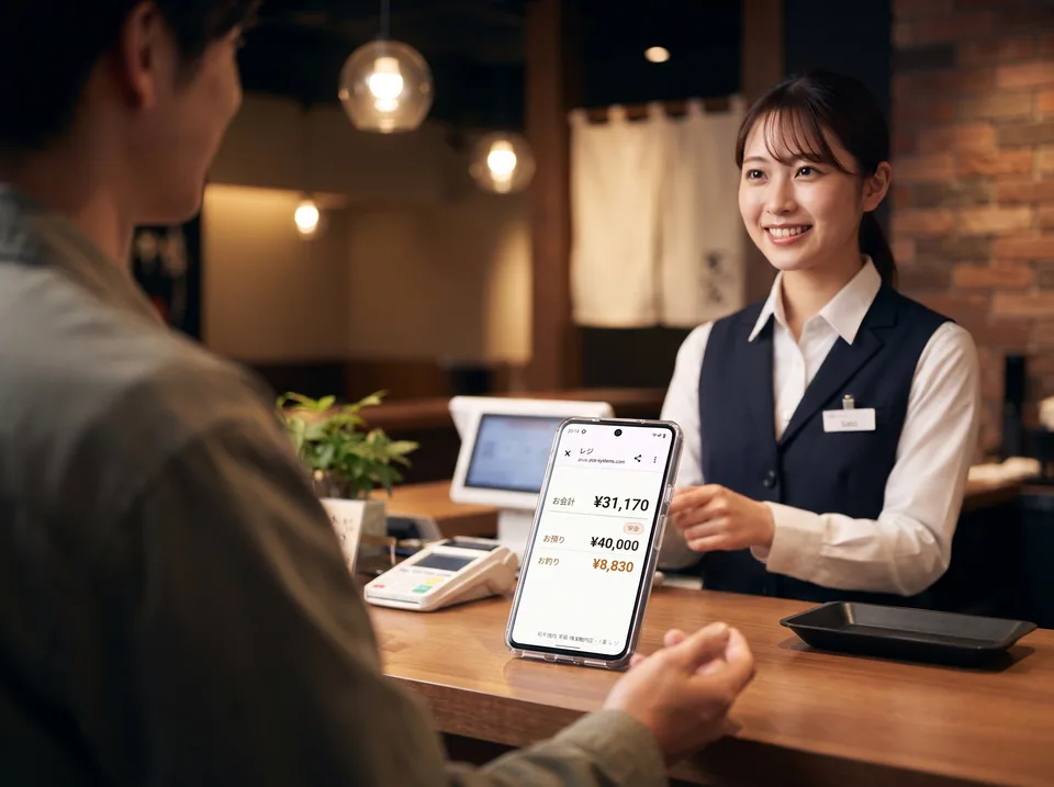 お客様向けの会計表示を見せながら案内するスタッフ（AI生成の利用イメージ）
