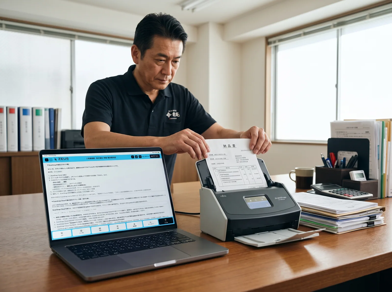 納品書をスキャナに通し、ZEUSへ取り込む店長（AI生成の利用イメージ）