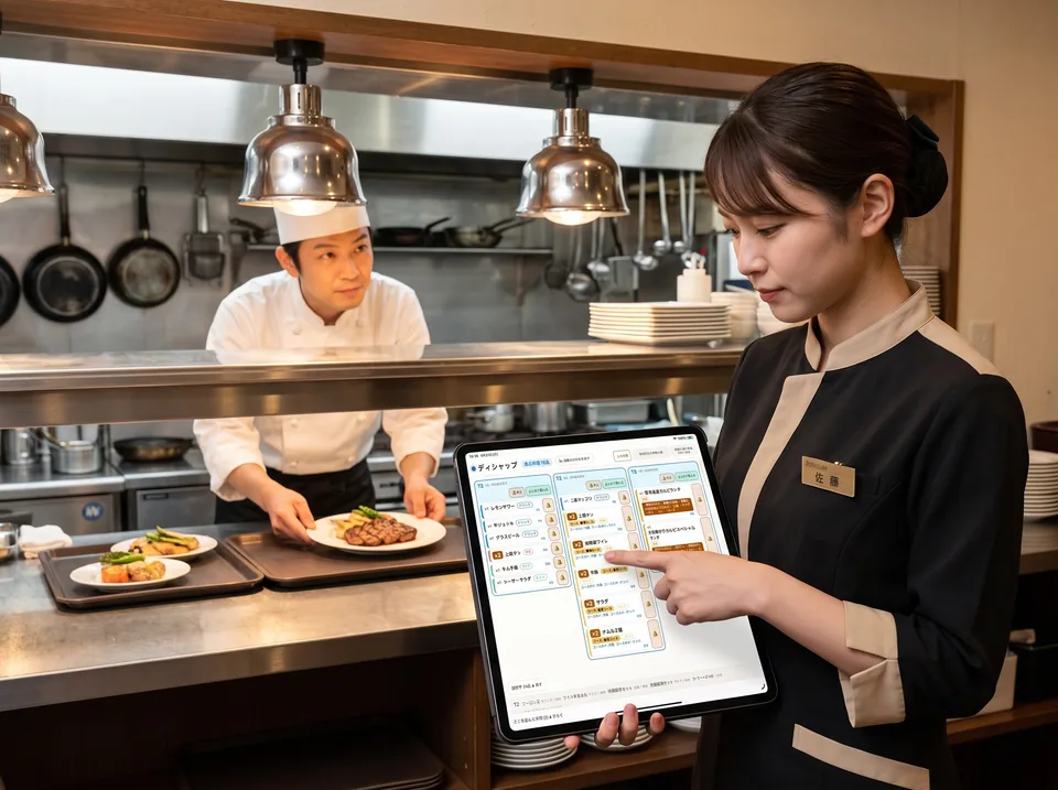 受け渡し口でディシャップ画面を確認するホールと厨房のスタッフ（AI生成の利用イメージ）