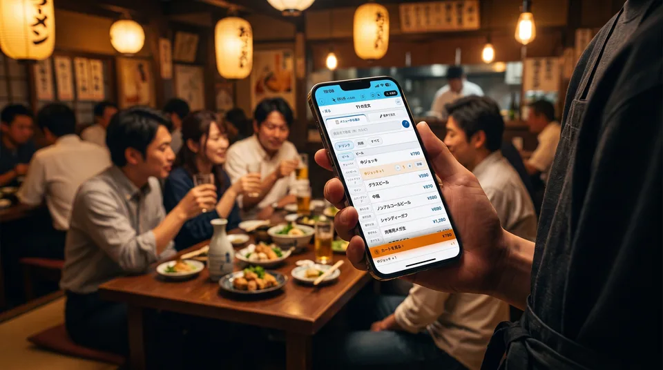 にぎわう店内でスマートフォンのハンディを操作するスタッフ（AI生成の利用イメージ）