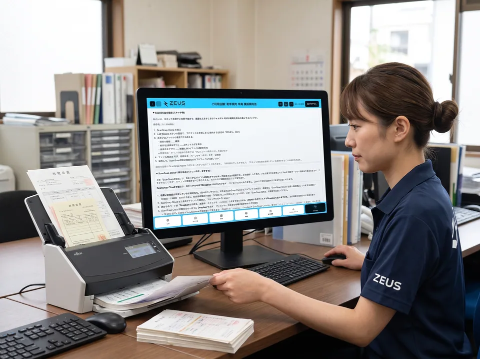 事務所で請求書をスキャナに通して取り込むスタッフ（AI生成の利用イメージ）