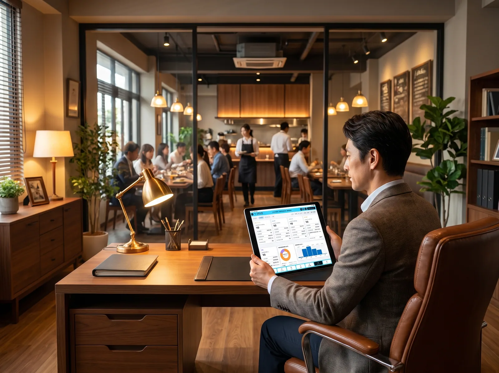 店内を見渡せる席でタブレットの売上を確認する店長（AI生成の利用イメージ）
