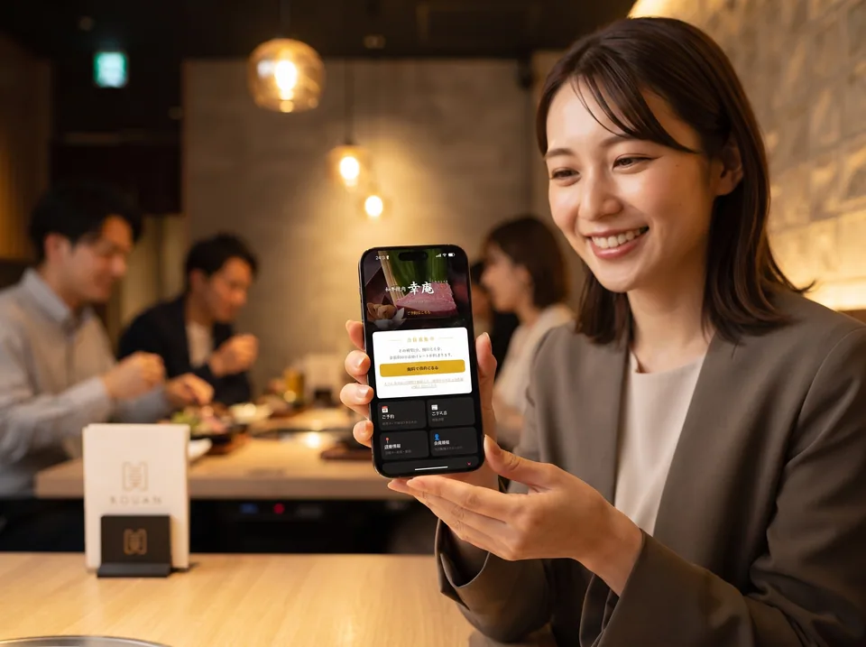 店内でスマートフォンの会員アプリを見せるお客様(AI生成の利用イメージ)