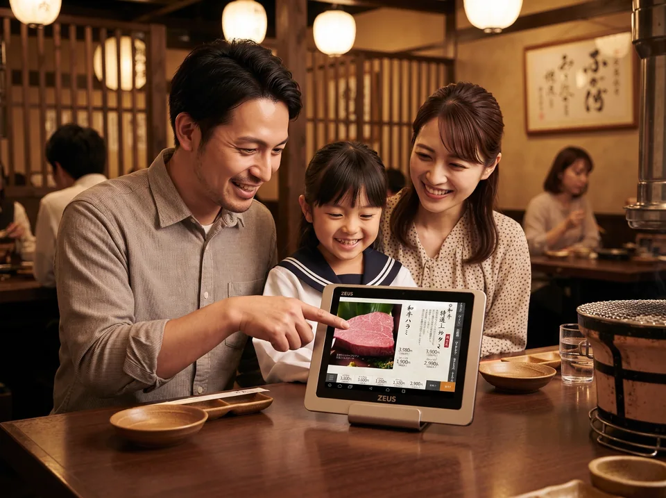 家族で卓上タブレットのメニューブックを見て料理を選ぶ場面(AI生成の利用イメージ)