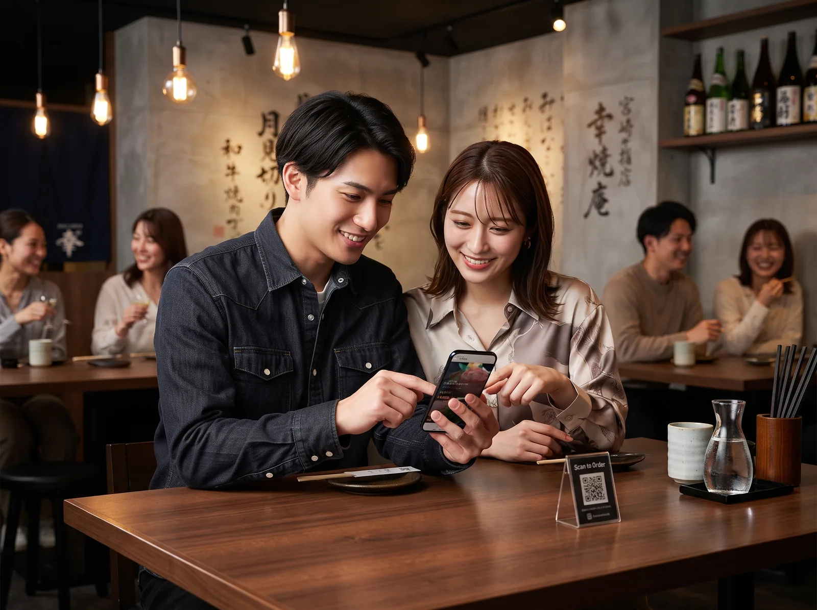 食事を楽しみながらスマートフォンで注文する二人（AI生成の利用イメージ）