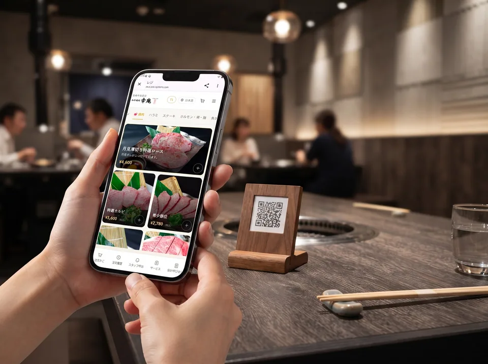 卓上のQRコードからスマートフォンで料理を選ぶ手元(AI生成の利用イメージ)