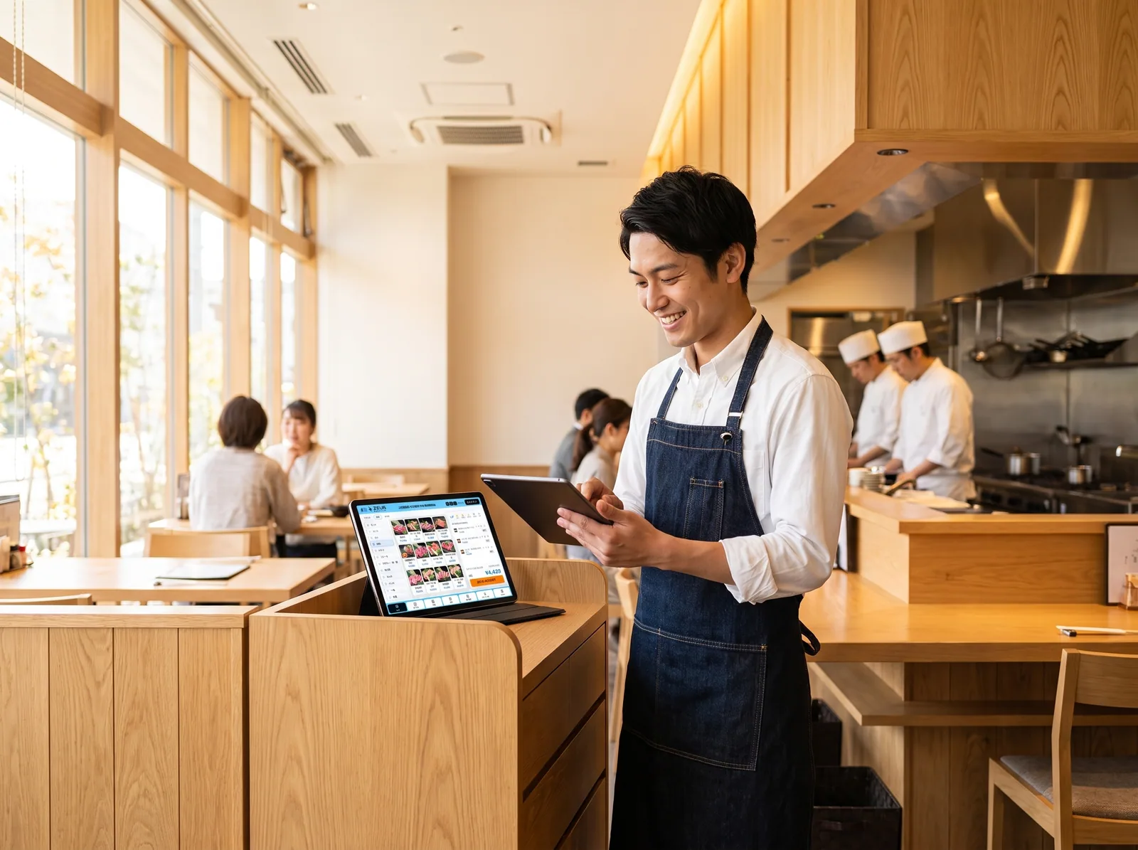 店頭でタブレットのレジを操作するスタッフ（AI生成の利用イメージ）