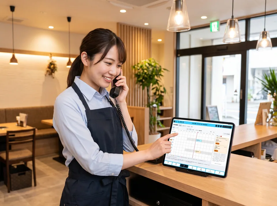 電話を受けながらタブレットで予約表を確認するスタッフ(AI生成の利用イメージ)