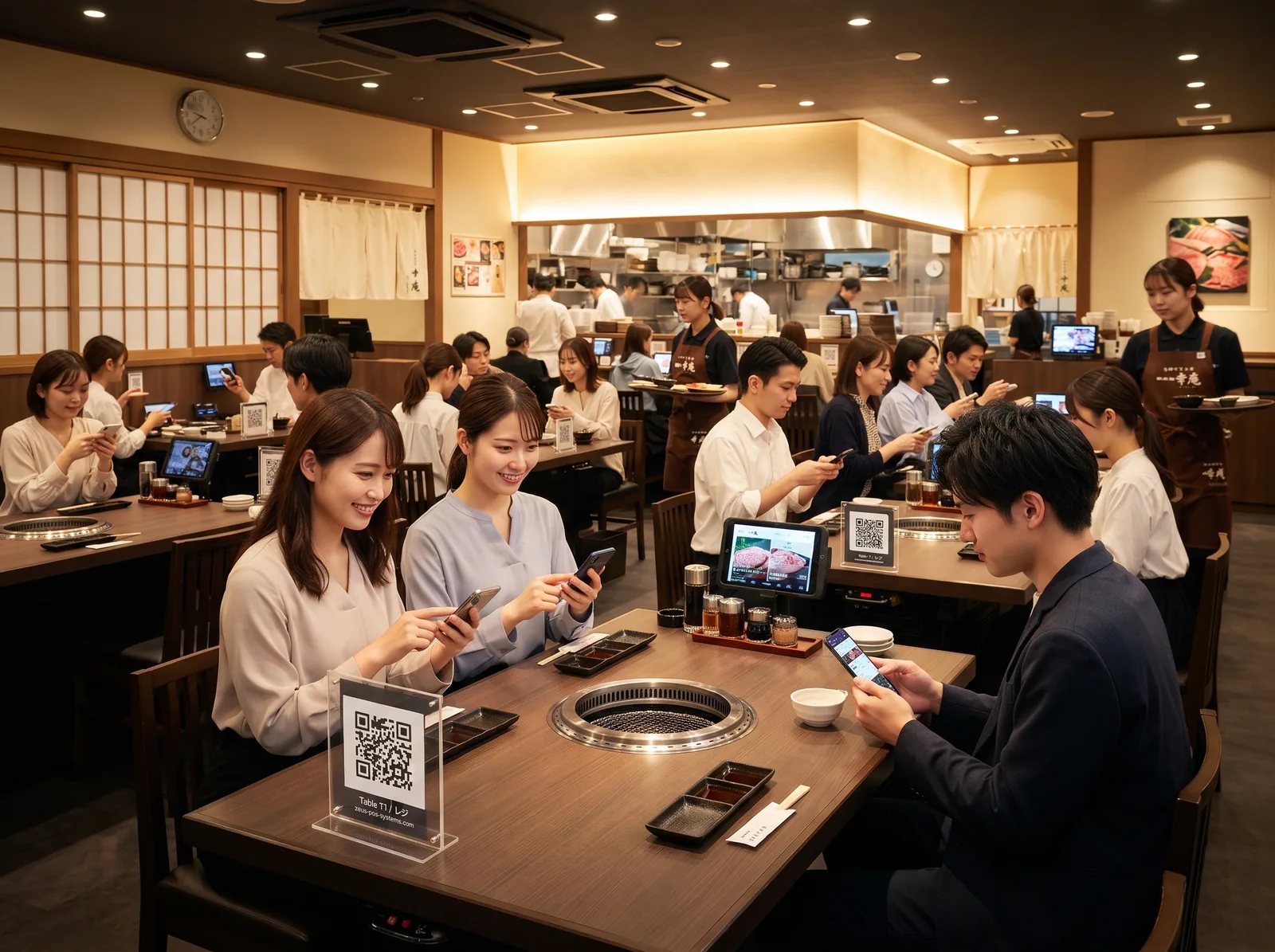 卓上のQRコードで注文しながら食事を楽しむお客様（AI生成の利用イメージ）