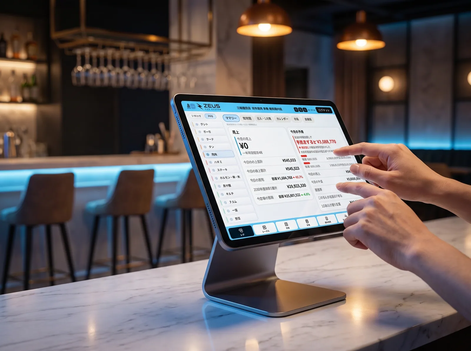 店内のカウンターでタブレットの売上画面を確認する手元（AI生成の利用イメージ）