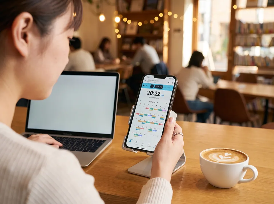 カフェでスマートフォンのシフト表を確認するスタッフ(AI生成の利用イメージ)