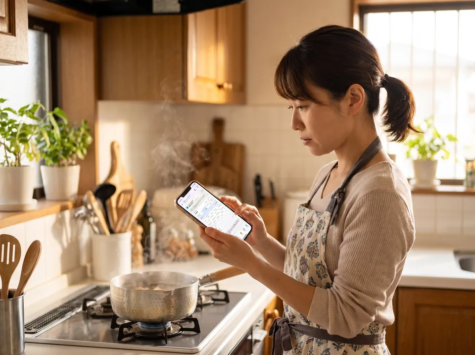 自宅でスマートフォンの源泉徴収票を確認するスタッフ（AI生成の利用イメージ）