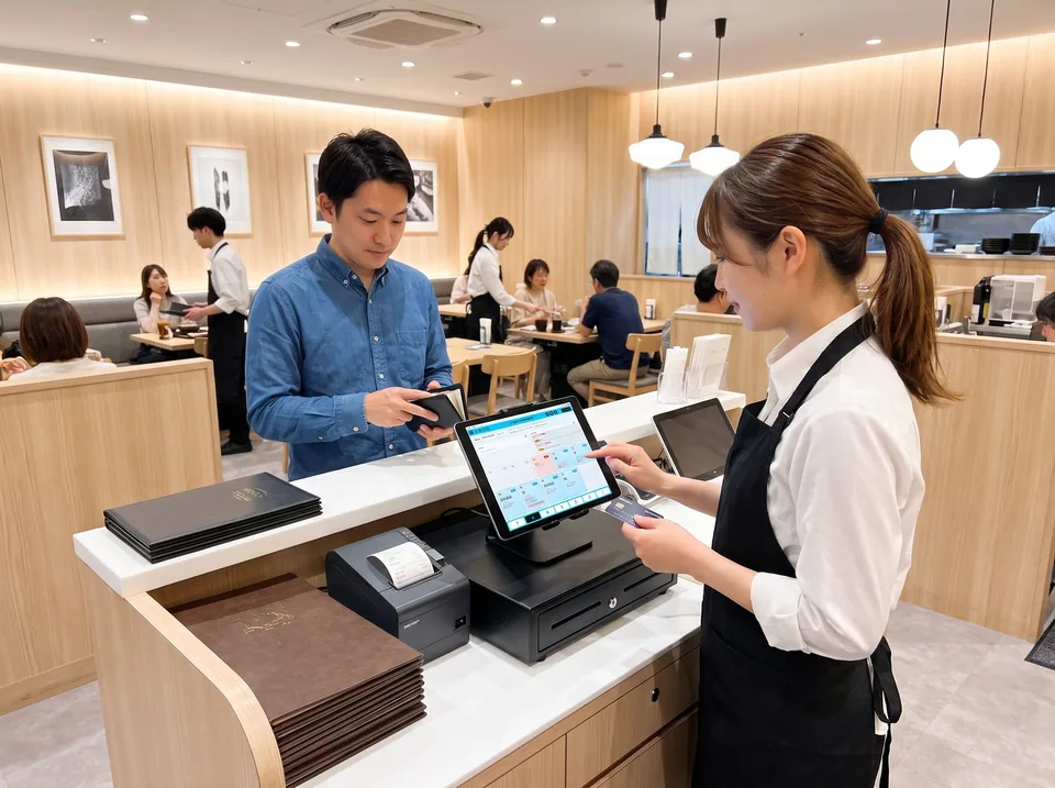 レジカウンターでテーブル画面を確認しながら会計するスタッフ（AI生成の利用イメージ）
