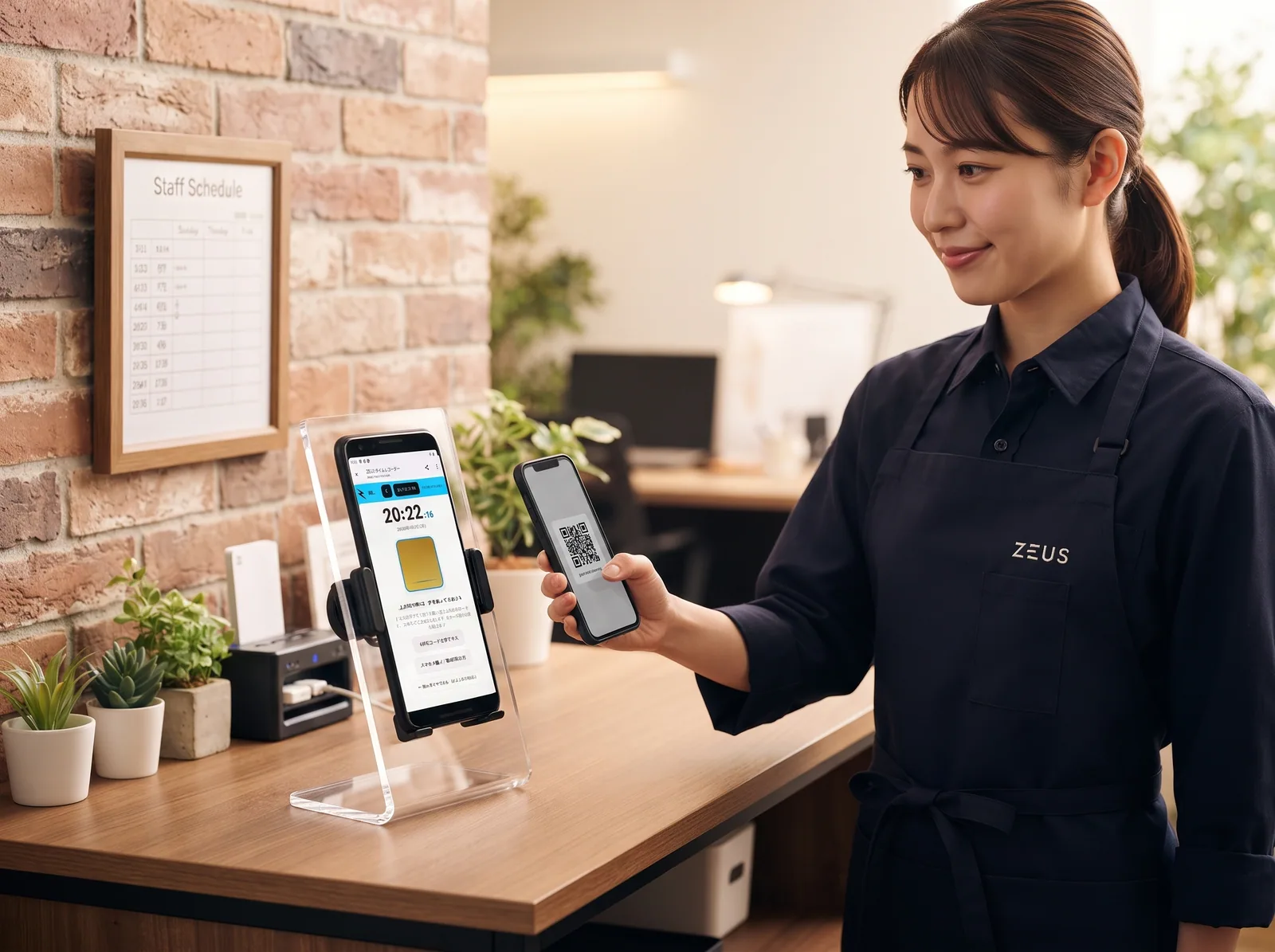 出勤時にスマートフォンのQRコードを打刻端末へかざすスタッフ（AI生成の利用イメージ）