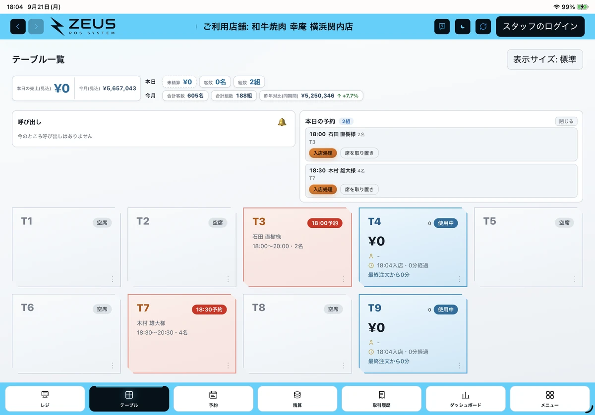ZEUSの実際の画面：テーブル一覧。予約席・使用中の卓と、本日・今月の売上を確認できます。