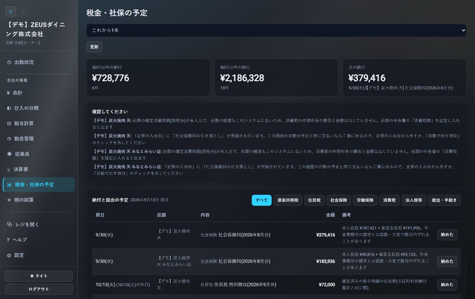 ZEUSの実際の画面: 税金・社保の予定