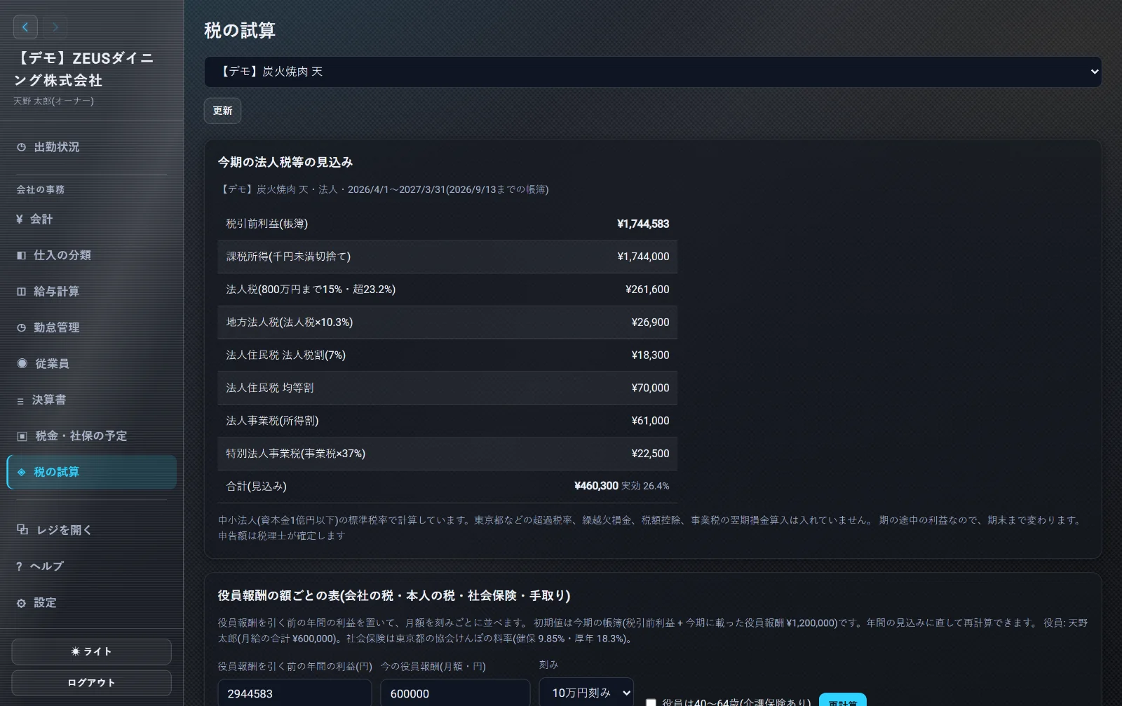 ZEUSの実際の画面: 税の試算