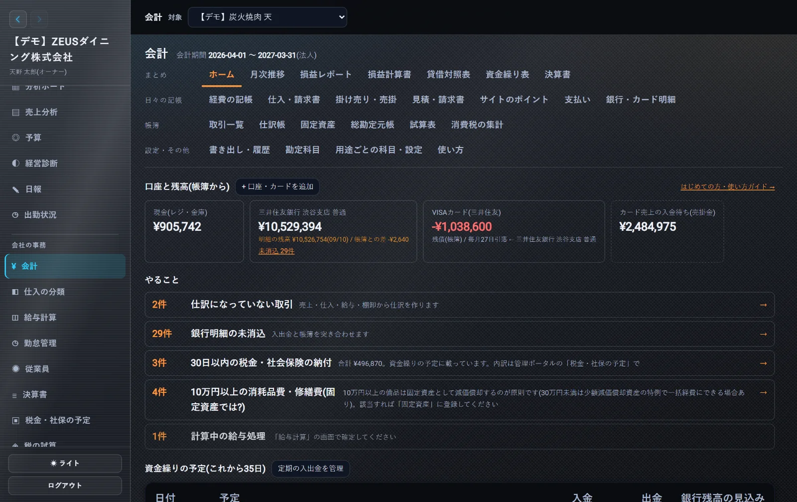 ZEUSの実際の画面: 会計(ホーム)